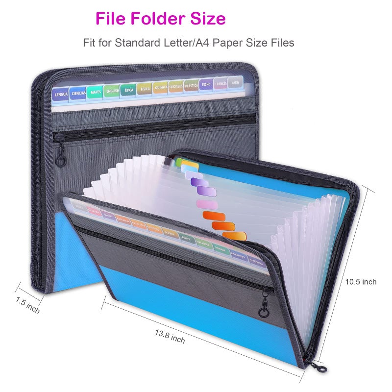 MEGREZ Expanding File Folder with 13 Pockets, A4 Paper File Folder with Zipper Color Labels, Waterproof Accordion File Folder Organizer for Home Office, Blue - Image 3